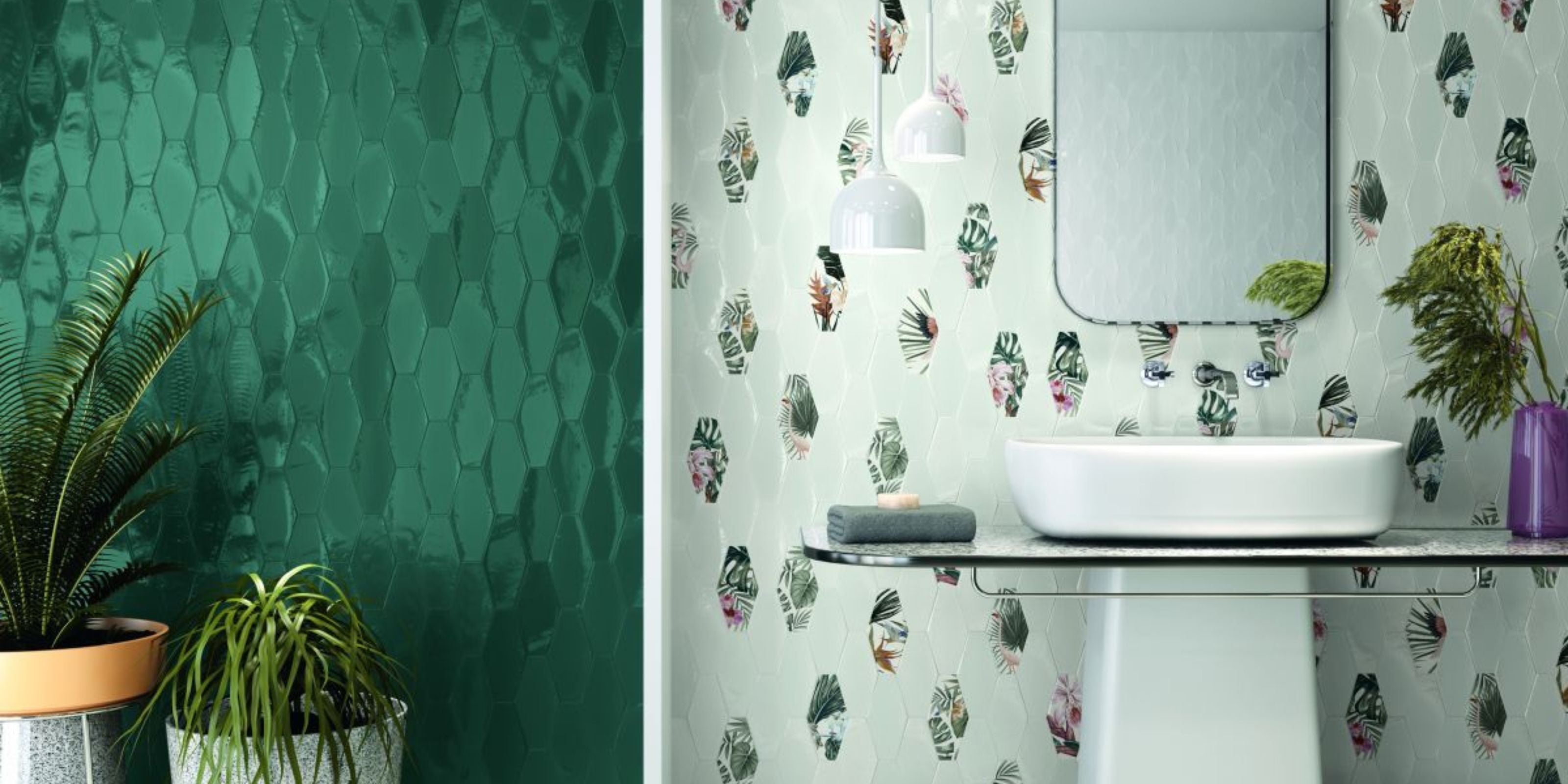 bathroom with white and green floral patterned hexagonal bathroom wall tiles