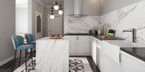 kitchen with white marble effect matt tile backsplash