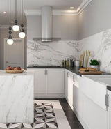 kitchen with a matt white marble effect tile backsplash