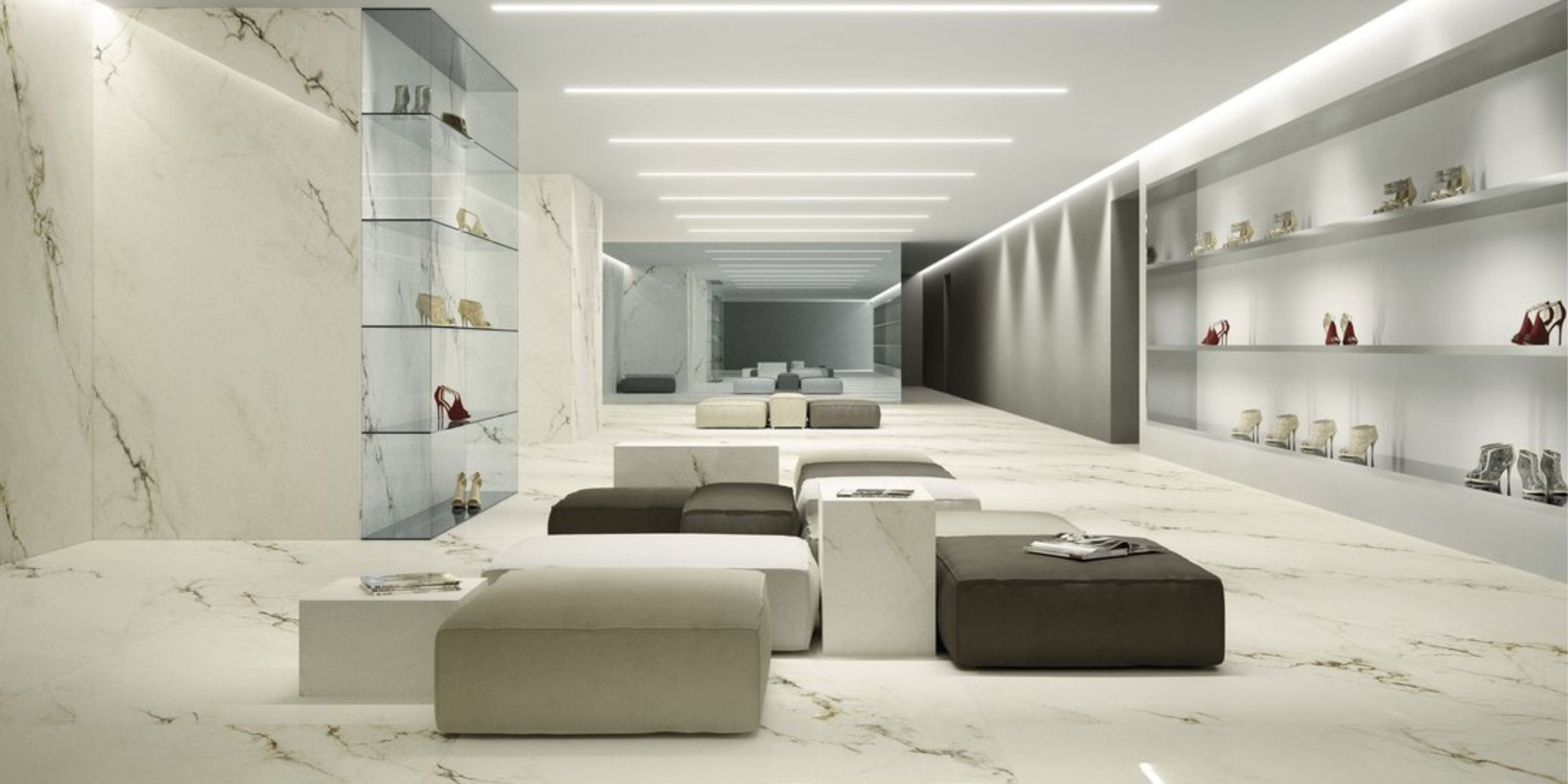 lounge, foyer, white marble effect porcelain floor and wall tile