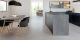 kitchen and dining room with white matt concrete effect porcelain floor tiles 