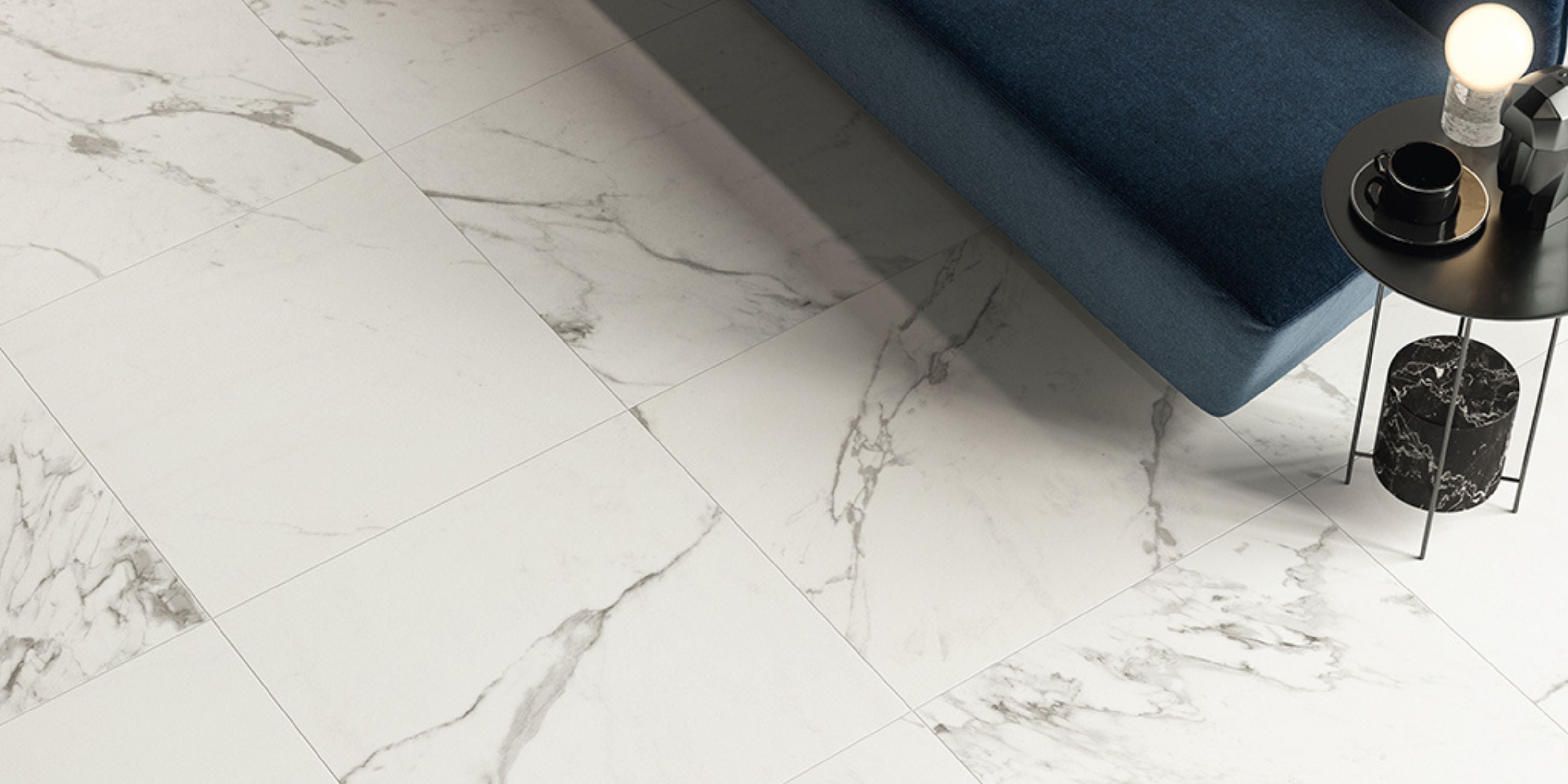 living room, white matt marble effect porcelain floor tile 60x60cm