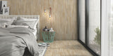 bedroom with wood effect porcelain wall tile planks and wood effect porcelain floor tiles planks