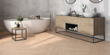 spacious modern bathroom with wood effect porpcelain bathroom floor tiles and polished white marble effect bathroom floor tiles, bathrub and basins